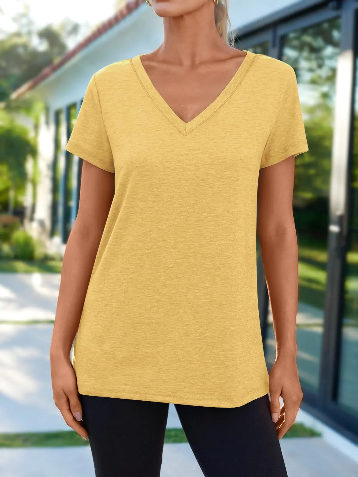 AUTOMET T Shirts Short Sleeve V Neck Tees for Women Fashion Tops Trendy Lightweight Soft Casual Summer Outfits Clothes 2024 Yellow Small