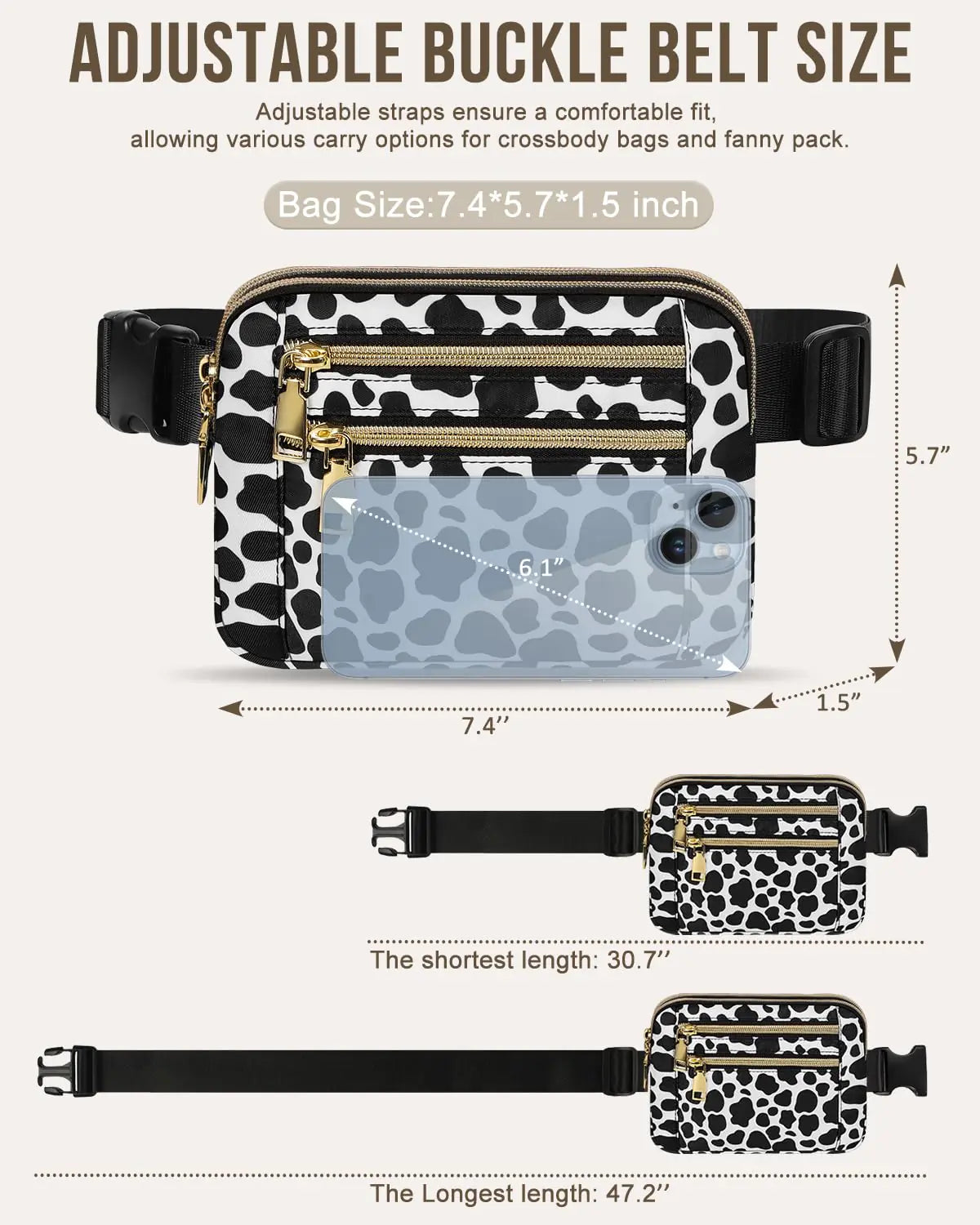 Capolo Fanny Packs for Women Fashion Waist Packs Bag with Adjustable Strap and 4 Zipper Pockets Waterproof Everywhere Crossbody Belt Bag for Workout Running Travelling(Cow Print) Medium Cow Print