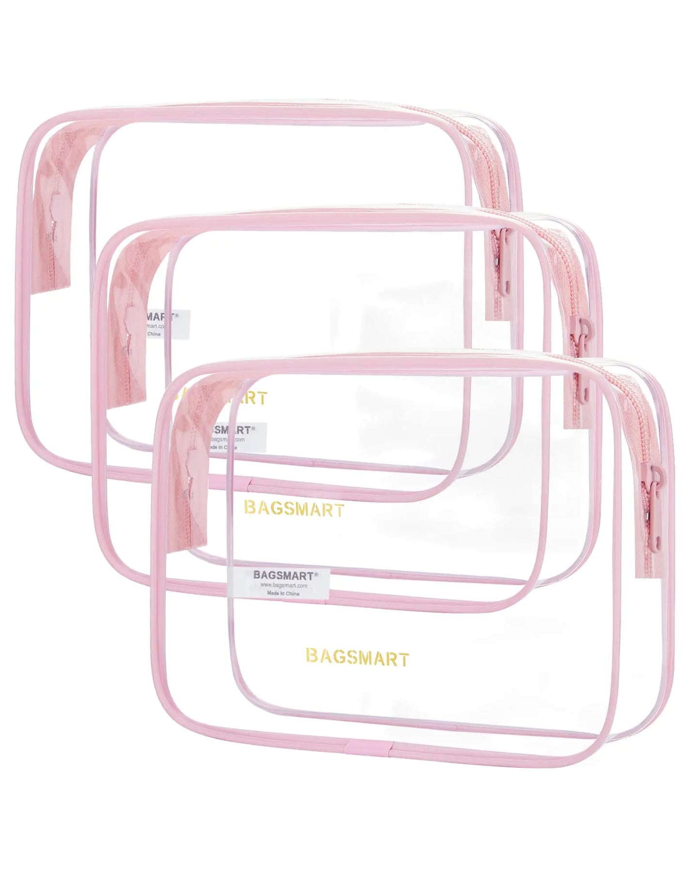 BAGSMART Clear Toiletry Bag, 3 Pack TSA Approved Travel Toiletry bag Carry on Travel Accessories Bag Airport Airline Quart Size Bags Water Repellent Makeup Cosmetic Bag for Women (Pink-3pcs) Pink-3pcs