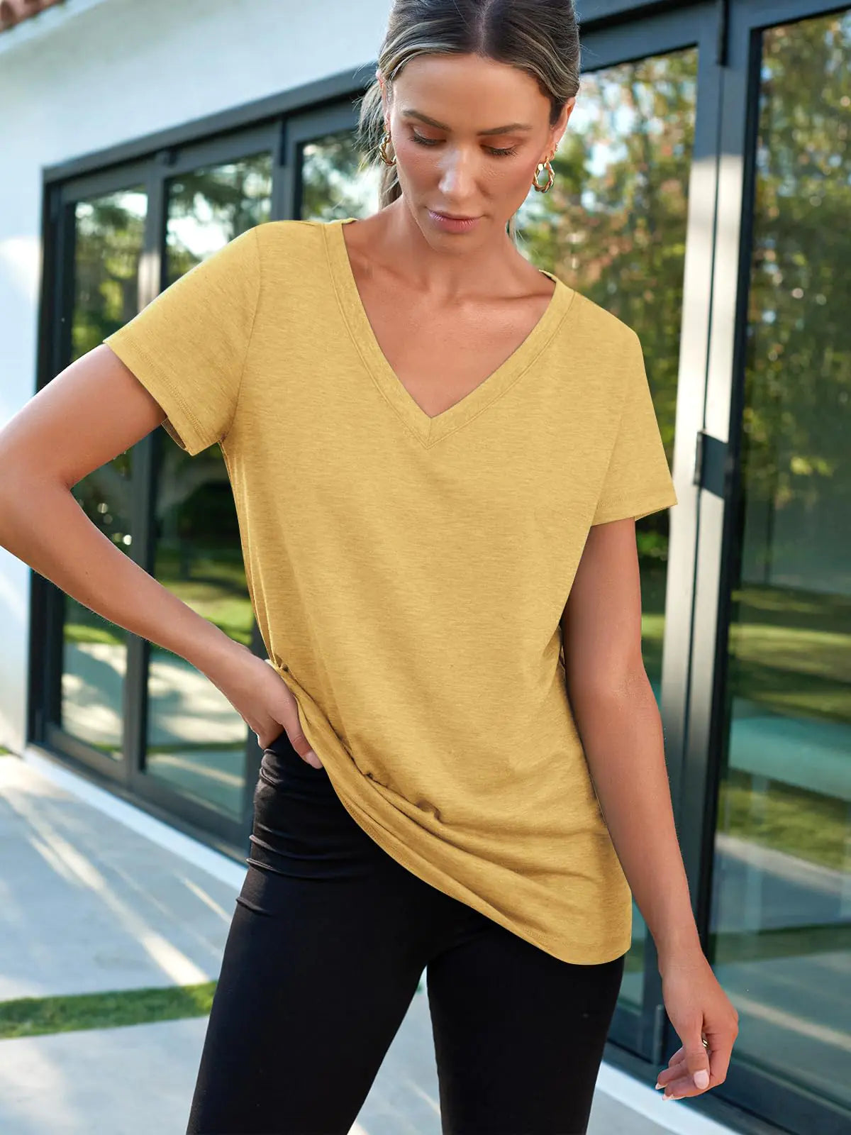 AUTOMET T Shirts Short Sleeve V Neck Tees for Women Fashion Tops Trendy Lightweight Soft Casual Summer Outfits Clothes 2024 Yellow Small