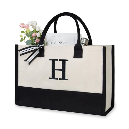 Personalized Initial Canvas Beach Bag, Monogrammed Gift Tote Bag for Women Black & White H